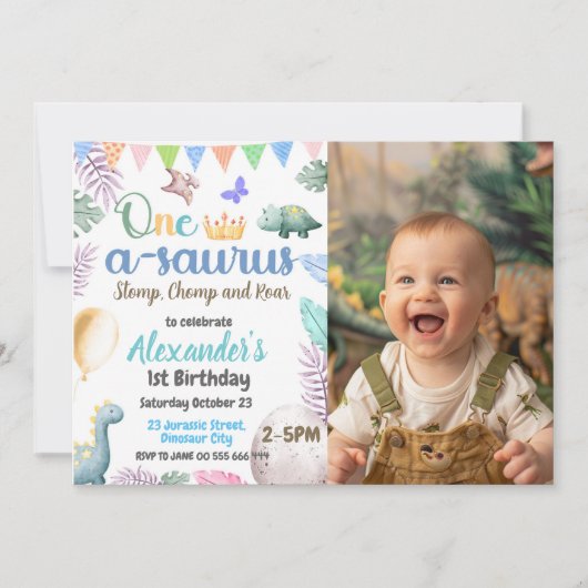 恐竜の写真1番目の誕生日ワンサウルスパーティー 招待状 (正面)