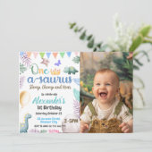 恐竜の写真1番目の誕生日ワンサウルスパーティー 招待状 (スタンド正面)