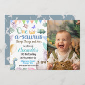 恐竜の写真1番目の誕生日ワンサウルスパーティー 招待状 (正面/裏面)