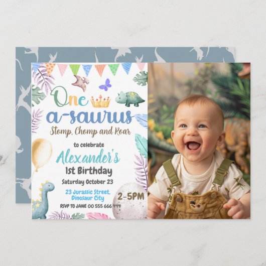 恐竜の写真1番目の誕生日ワンサウルスパーティー 招待状