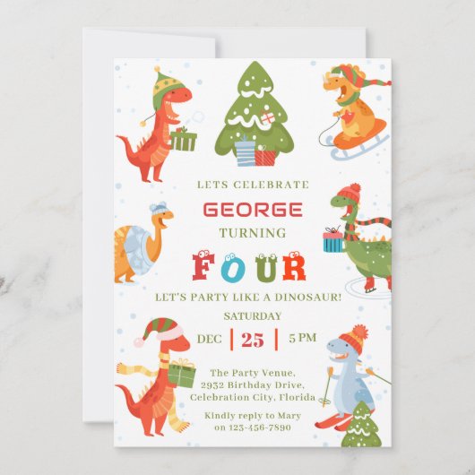 恐竜の冬の休日クリスマスバースデーパーティー 招待状 (正面)