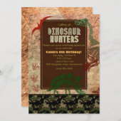 恐竜の化石と迷彩柄バースデーパーティ招待状 招待状 (正面/裏面)
