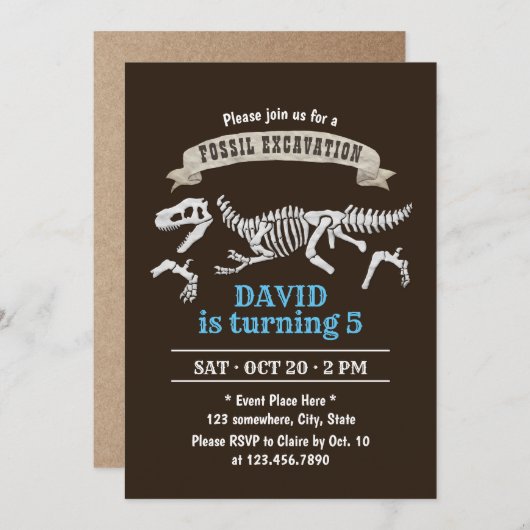 恐竜の化石の少年の誕生日パーティー 招待状 (正面/裏面)