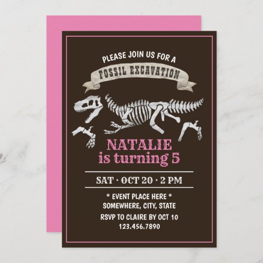 恐竜の化石の発掘ガールバースデーパーティー 招待状 (正面/裏面)