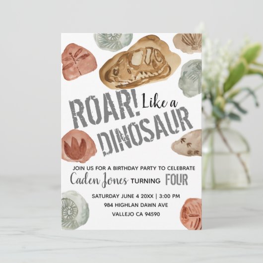 恐竜の化石キッズバースデーパーティーの招待 招待状 (スタンド正面)