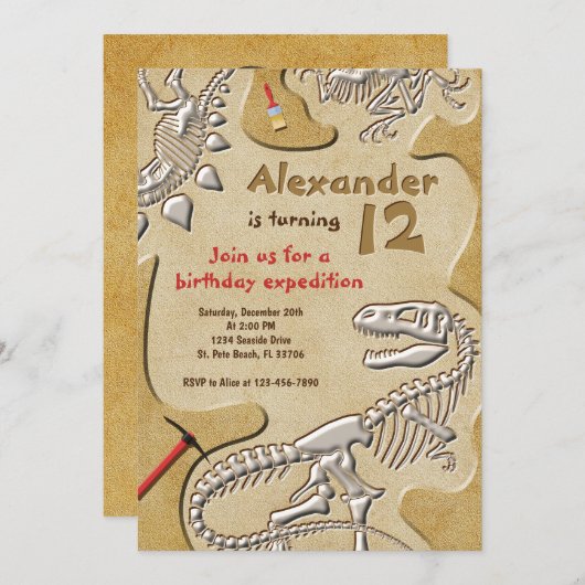 恐竜の化石ディグ誕生日 招待状 (正面/裏面)