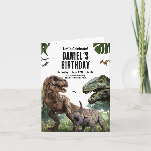 恐竜の印刷可能な誕生日の招待状Tレックスパーティー 招待状 (正面)
