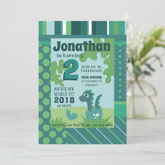 恐竜の卵の子の誕生パーティーの招待 招待状 (スタンド正面)