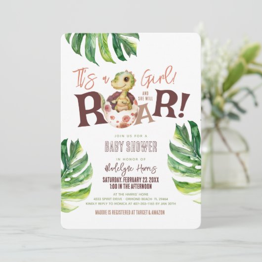 恐竜の卵の赤ちゃんシャワーを鳴らす女の子 招待状 (スタンド正面)