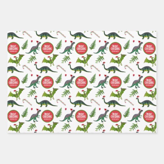 恐竜の名前をカスタムするクリスマス ラッピングペーパーシート (正面)