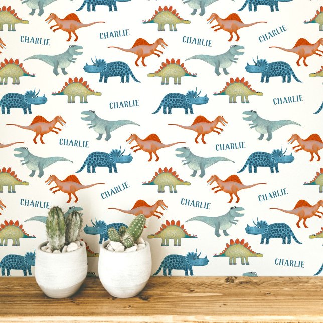 恐竜の名前入りデザイン 壁紙 (Fun unique personalized dinosaur wallpaper with child's name for kid's room and nursery)
