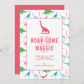 恐竜の名門私立校風の女の子誕生パーティー招待 招待状 (正面/裏面)