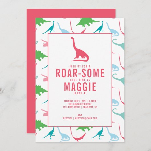 恐竜の名門私立校風の女の子誕生パーティー招待 招待状 (正面/裏面)
