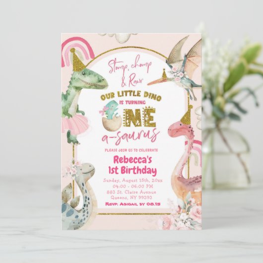 恐竜の女の子が1歳で誕生日を飾る 招待状 (スタンド正面)