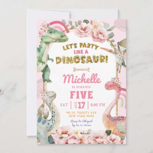 恐竜の女の子のピンクのパーティーのように誕生日しよう 招待状 (正面)