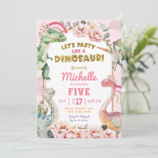 恐竜の女の子のピンクのパーティーのように誕生日しよう 招待状 (スタンド正面)