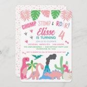 恐竜の女の子のピンクの誕生日 招待状 (正面/裏面)