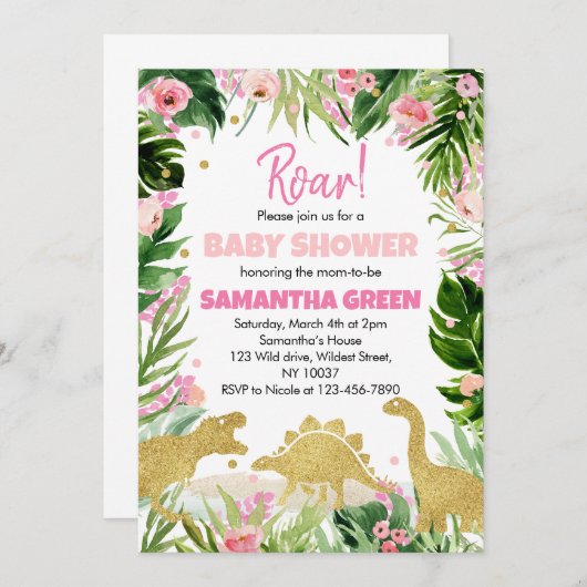 恐竜の女の子のベビーシャワー招待状 招待状 (正面/裏面)