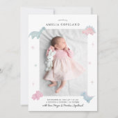 恐竜の女の子のベビー写真の誕生発表 案内状 (正面)