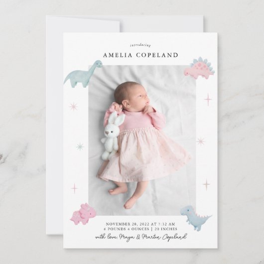 恐竜の女の子のベビー写真の誕生発表 案内状 (正面)