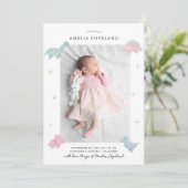 恐竜の女の子のベビー写真の誕生発表 案内状 (スタンド正面)