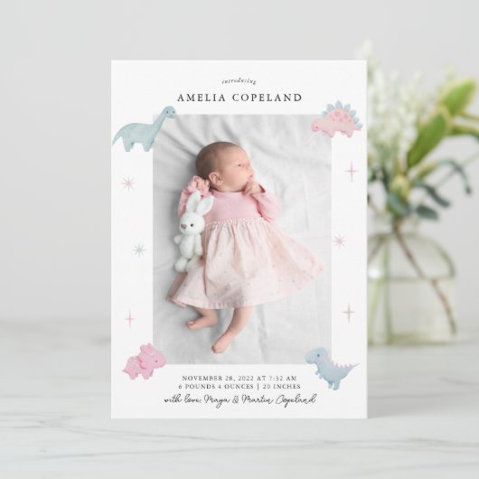 恐竜の女の子のベビー写真の誕生発表 案内状 (スタンド正面)
