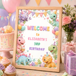 恐竜の女の子の誕生日パーティーウェルカム ポスター