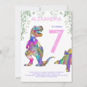 恐竜の女の子の誕生日パーティーピンク 招待状 (正面)
