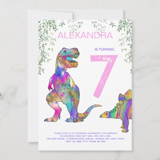 恐竜の女の子の誕生日パーティーピンク 招待状 (正面)