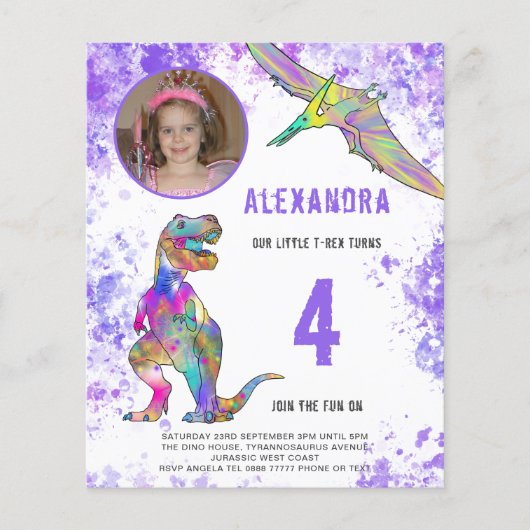 恐竜の女の子の誕生日パーティー写真の予算 チラシ (正面)