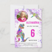 恐竜の女の子の誕生日パーティー写真 招待状 (正面)