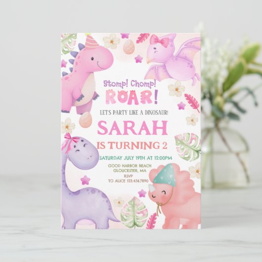 恐竜の女の子の誕生日パーティー 招待状 (スタンド正面)