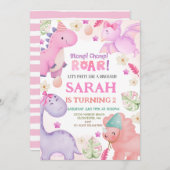 恐竜の女の子の誕生日パーティー 招待状 (正面/裏面)