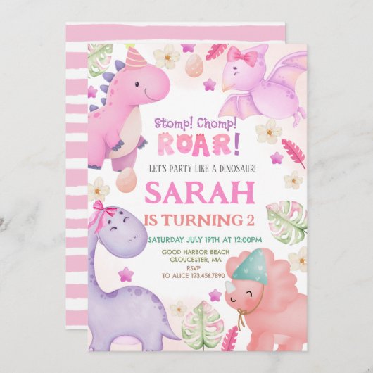 恐竜の女の子の誕生日パーティー 招待状 (正面/裏面)