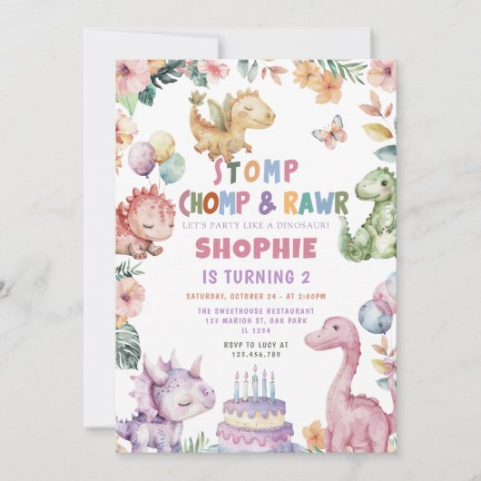 恐竜の女の子の誕生日パーティー 招待状 (正面)