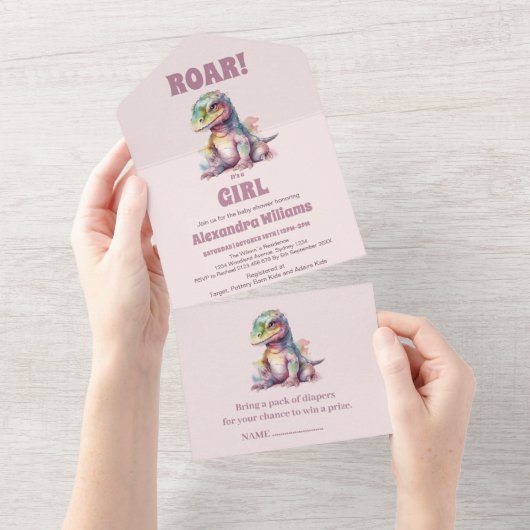 恐竜の女の子の赤ちゃん歓迎会 オールインワン招待状 (貼ってはがせる)