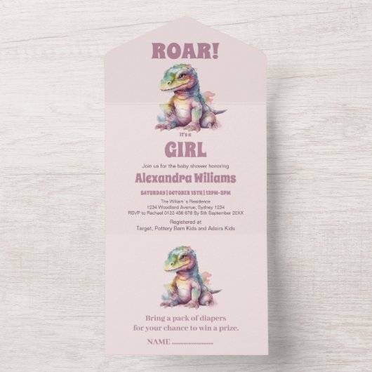 恐竜の女の子の赤ちゃん歓迎会 オールインワン招待状 (内側)