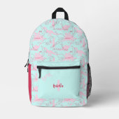 恐竜の女の子ターコイズブルーピンク名モノグラム プリントバックパック (正面)