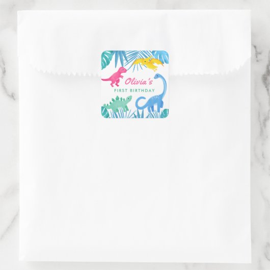 恐竜の女の子1歳の誕生日カラフル スクエアシール (バッグ)