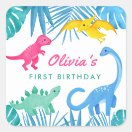 恐竜の女の子1歳の誕生日カラフル スクエアシール