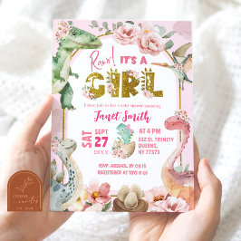 恐竜の女の子 ピンク ジュラシック ベイビー シャワー 招待状