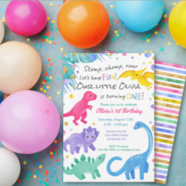 恐竜の女の子 1歳の誕生日招待状 カラフル 招待状