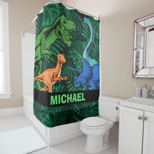 恐竜の子どもたちDino Jurasic Trexボーイがカスタマイズ可能 シャワーカーテン (インサイチュ)