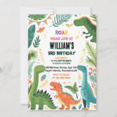 恐竜の子供たちのかわいい男の子のTレックス3歳の誕生日 招待状 (正面)