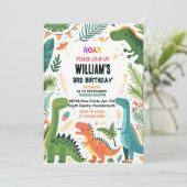 恐竜の子供たちのかわいい男の子のTレックス3歳の誕生日 招待状 (スタンド正面)