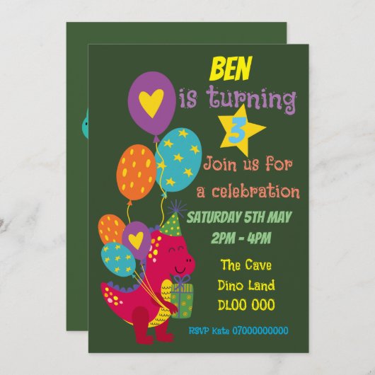 恐竜の子供たちのパーティーの招待状 招待状 (正面/裏面)