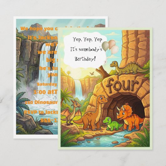 恐竜の子供の誕生日パーティーデジタルダウンロード 招待状 (正面/裏面)