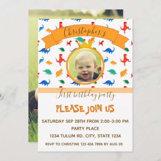 恐竜の子供の誕生日パーティー男の赤ちゃん写真 招待状 (正面/裏面)
