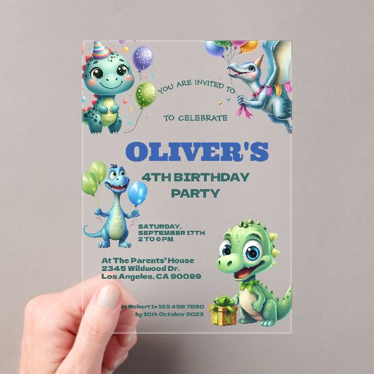 恐竜の子供の誕生日パーティー アクリル招待状 (インサイチュ (ポータブル))