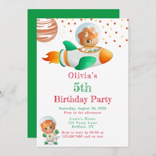 恐竜の宇宙飛行士ロッケシップ女の子の誕生日パーティー 招待状 (正面/裏面)